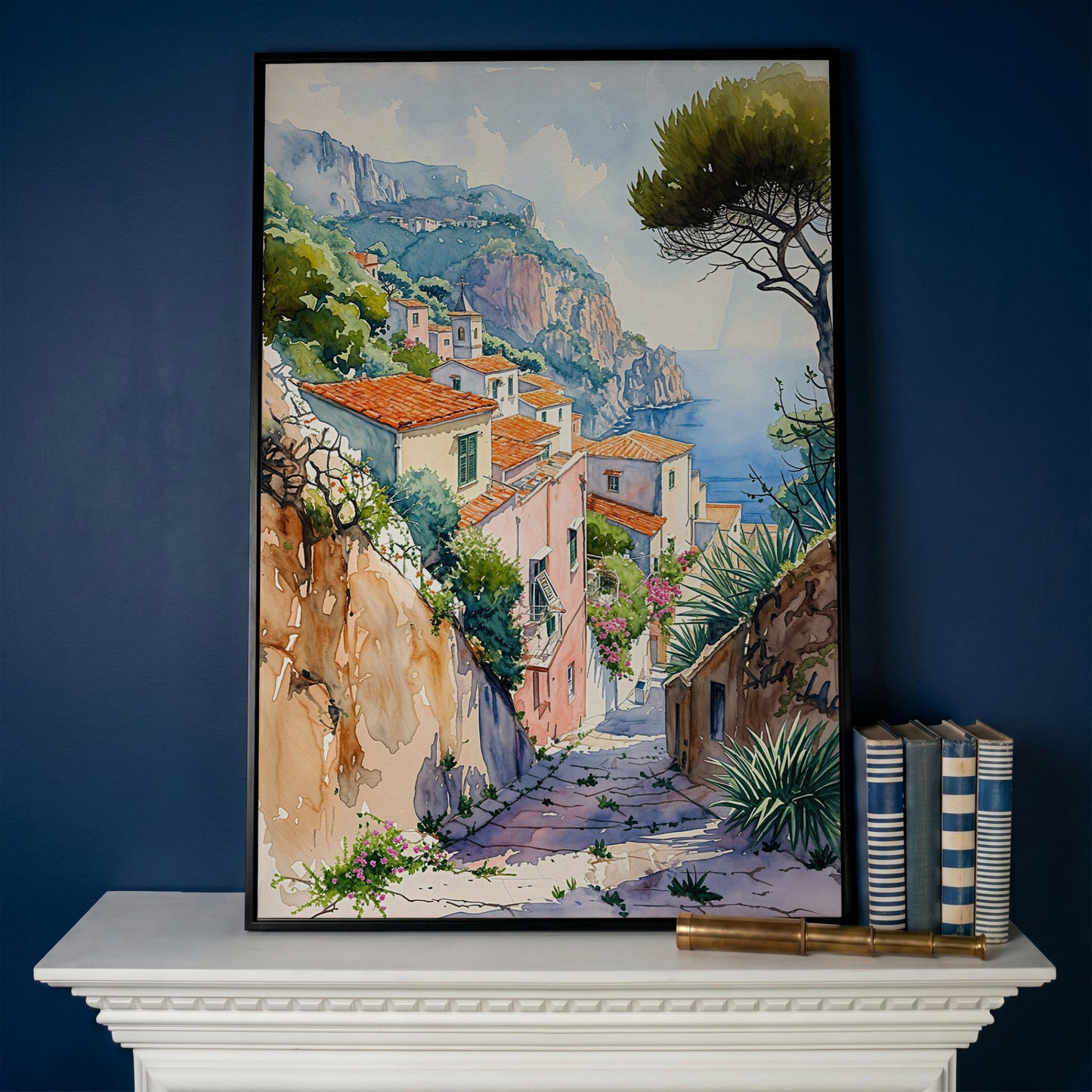 Amalfi Coast Canvas Art: Cliffside Village with Terracotta Roofs in black floating frame