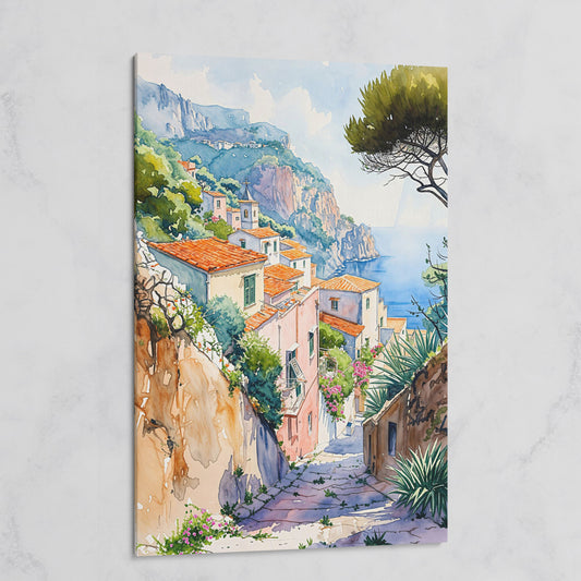 Amalfi Coast Canvas Art: Cliffside Village with Terracotta Roofs on gallery wrap