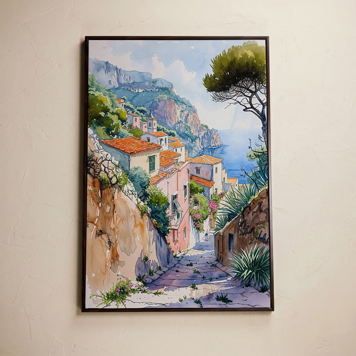Amalfi Coast Canvas Art: Cliffside Village with Terracotta Roofs in dark walnut floating frame