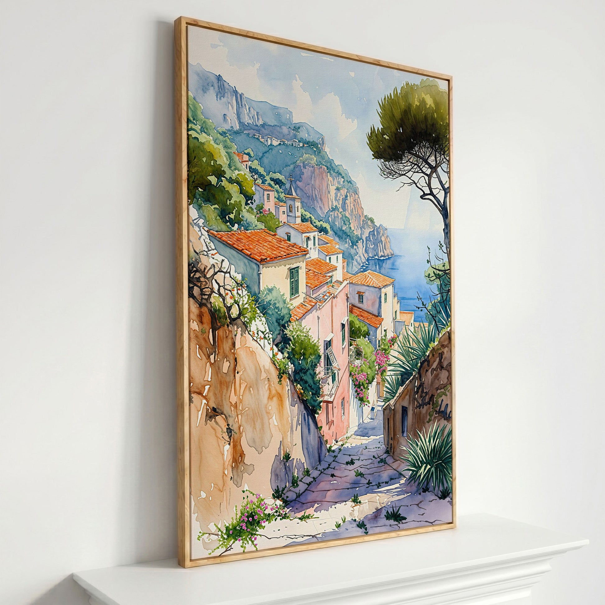 Amalfi Coast Canvas Art: Cliffside Village with Terracotta Roofs in white oak floating frame