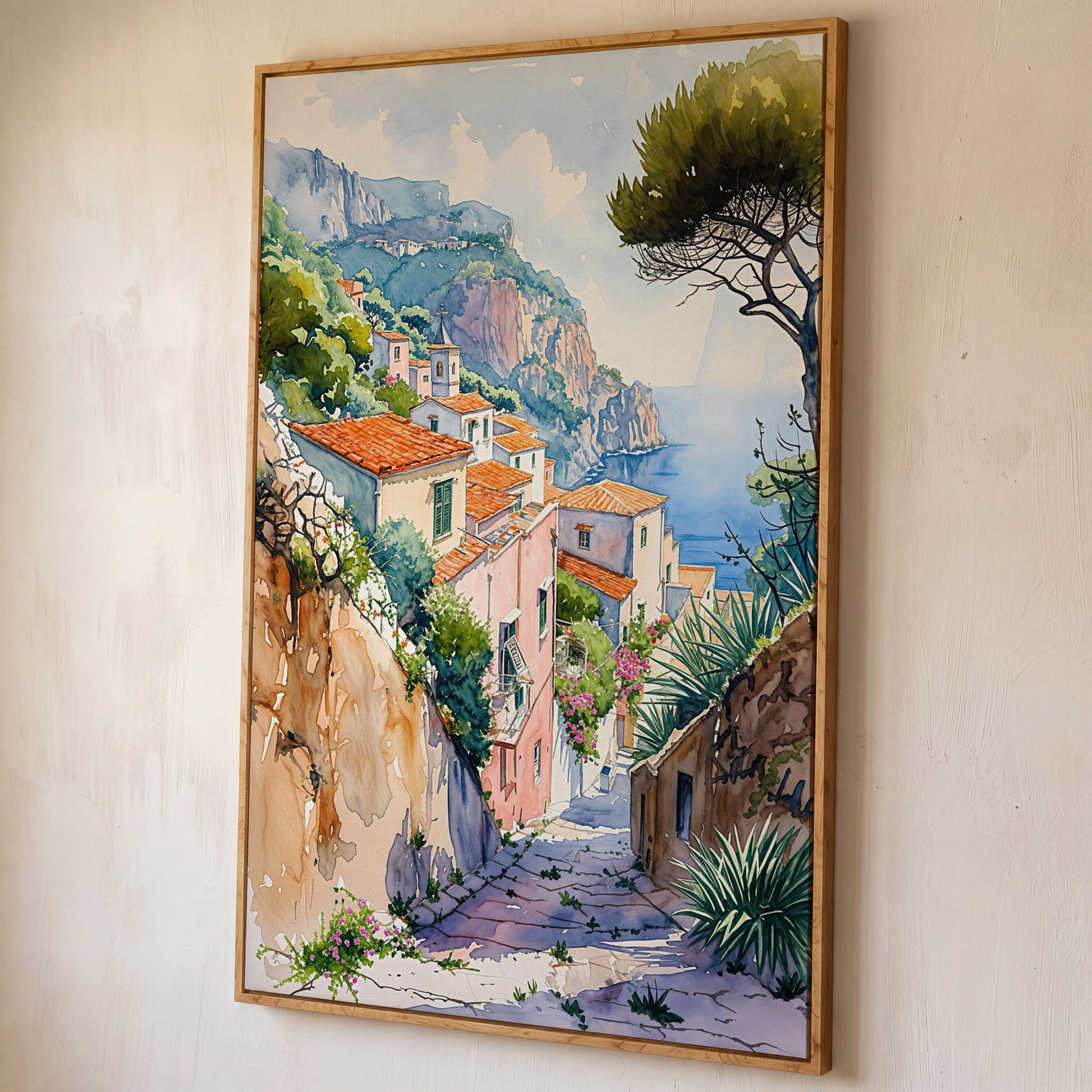 Amalfi Coast Canvas Art: Cliffside Village with Terracotta Roofs shown in white oak floating frame