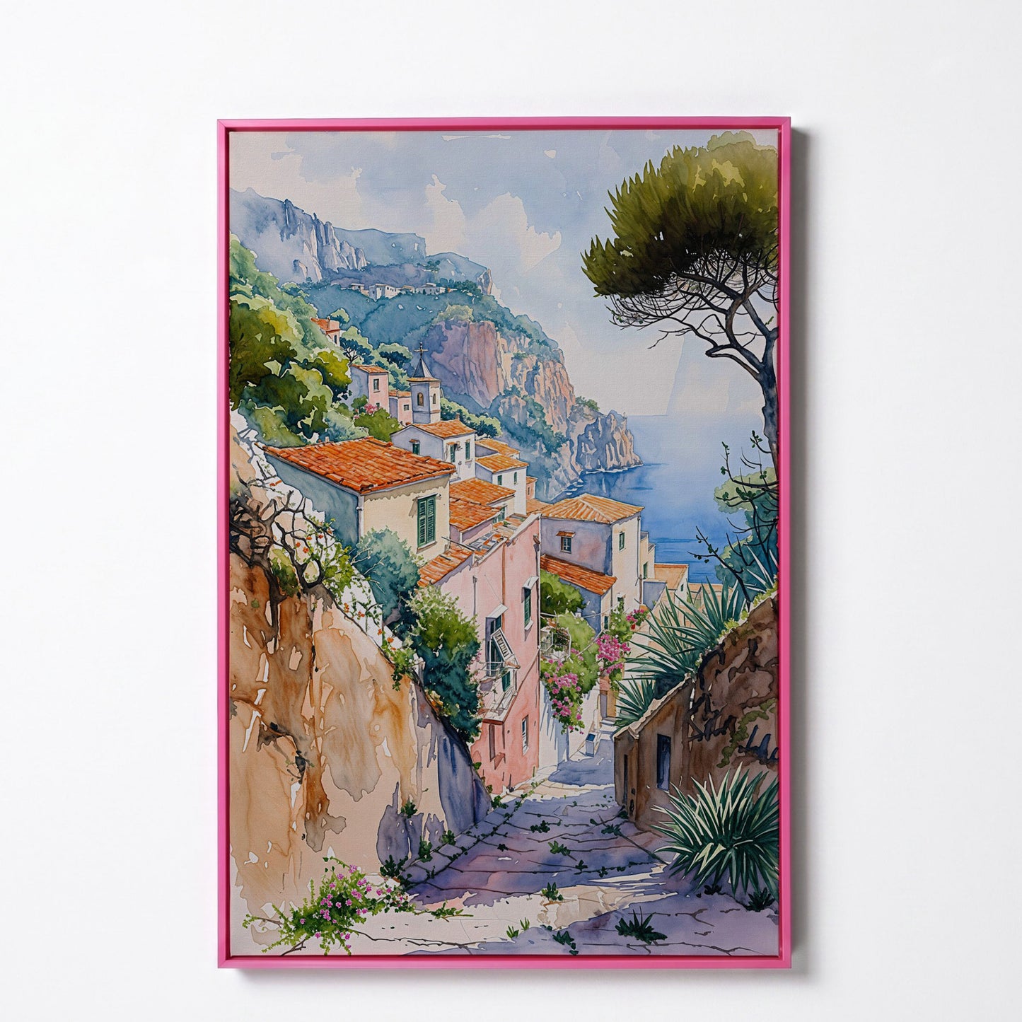 Amalfi Coast Canvas Art: Cliffside Village with Terracotta Roofs in pink floating frame