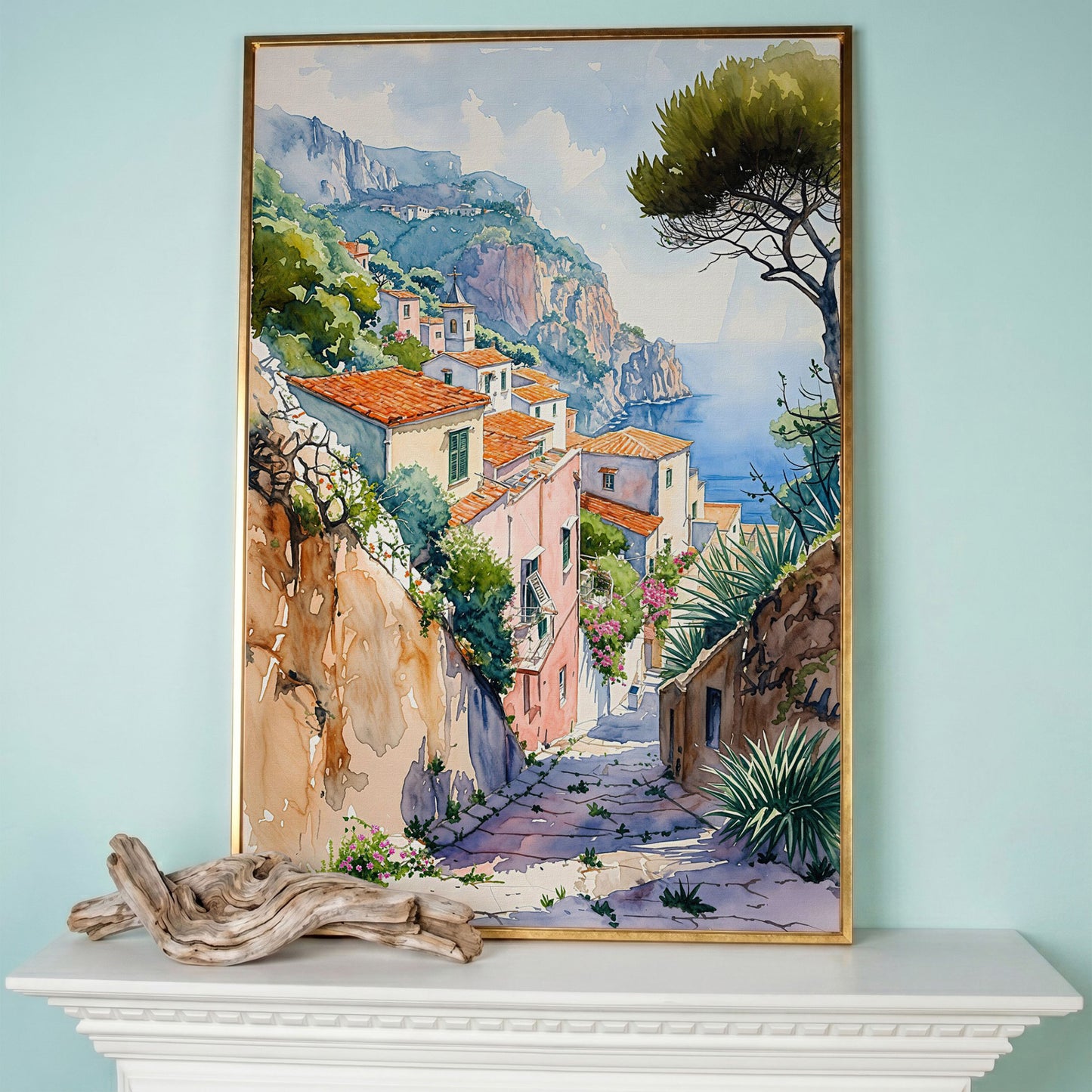 Amalfi Coast Canvas Art: Cliffside Village with Terracotta Roofs in rose gold floating frame