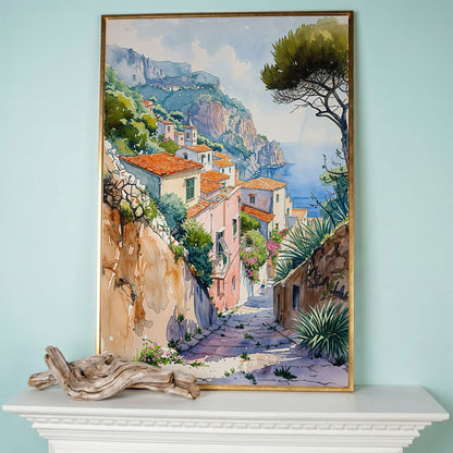 Amalfi Coast Canvas Art: Cliffside Village with Terracotta Roofs in rose gold floating frame