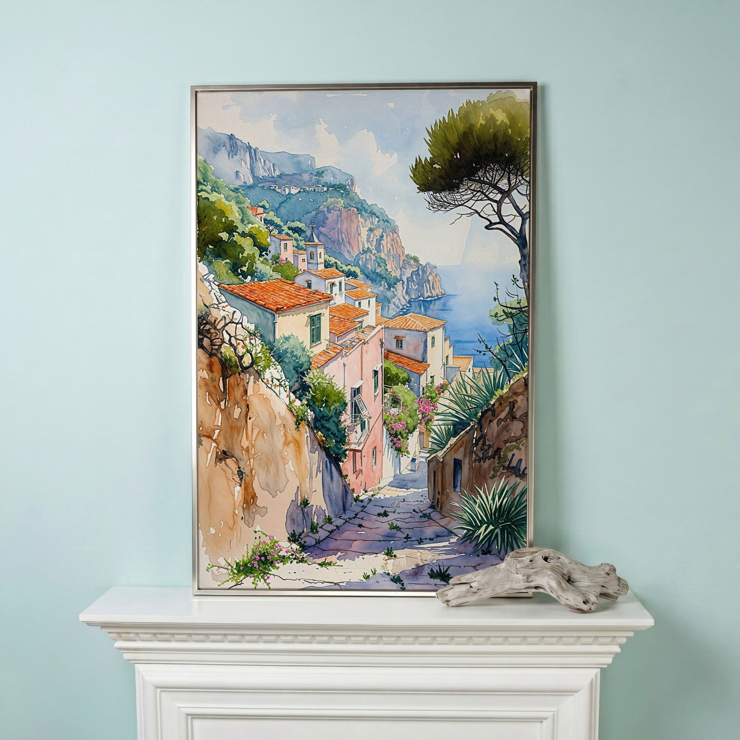Amalfi Coast Canvas Art: Cliffside Village with Terracotta Roofs in silver floating frame
