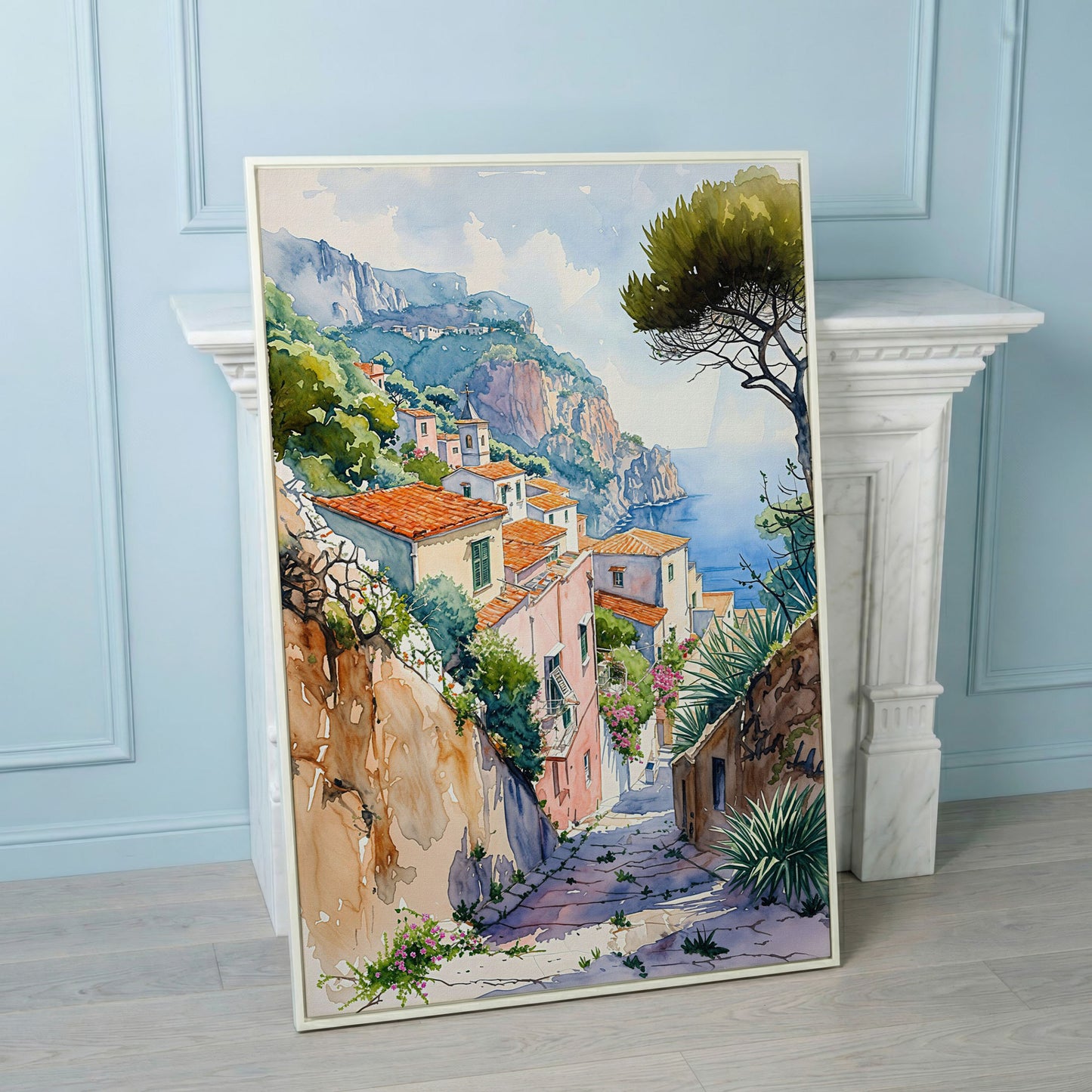Amalfi Coast Canvas Art: Cliffside Village with Terracotta Roofs in white floating frame