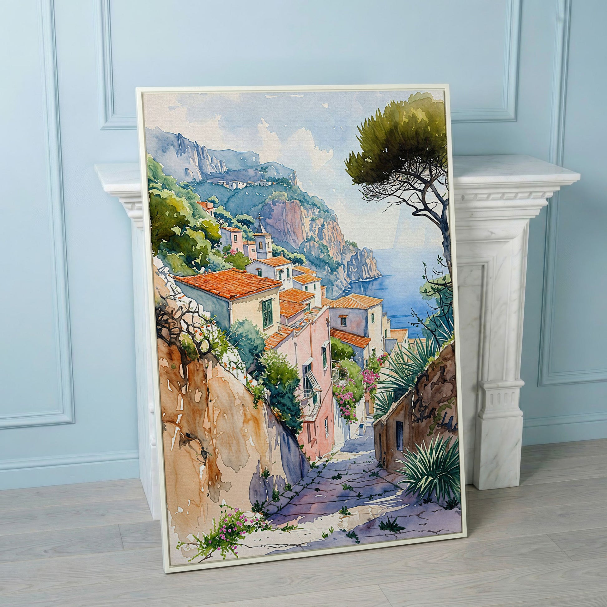 Amalfi Coast Canvas Art: Cliffside Village with Terracotta Roofs in white floating frame