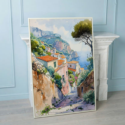 Amalfi Coast Canvas Art: Cliffside Village with Terracotta Roofs in white floating frame