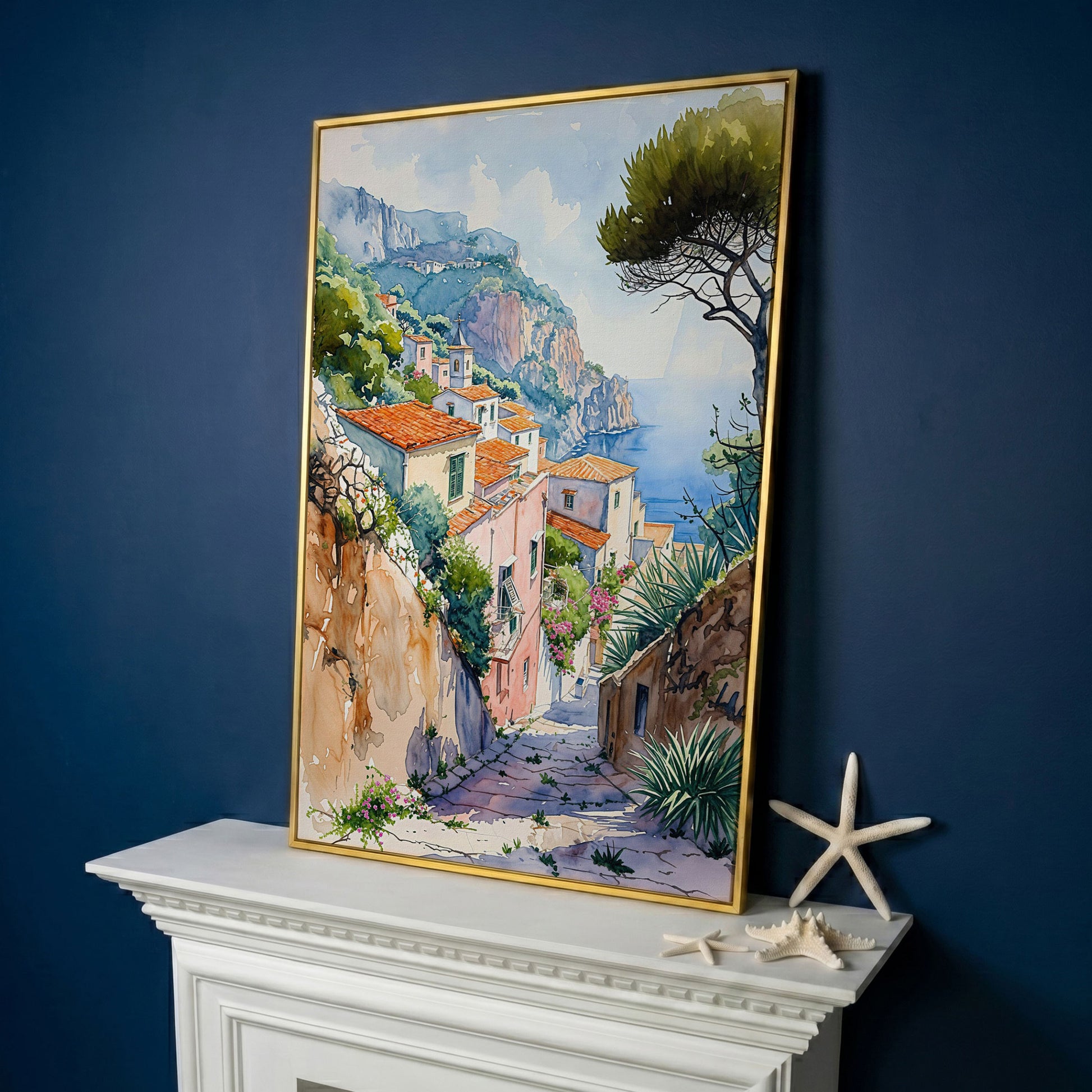 Amalfi Coast Canvas Art: Cliffside Village with Terracotta Roofs in yellow gold floating frame