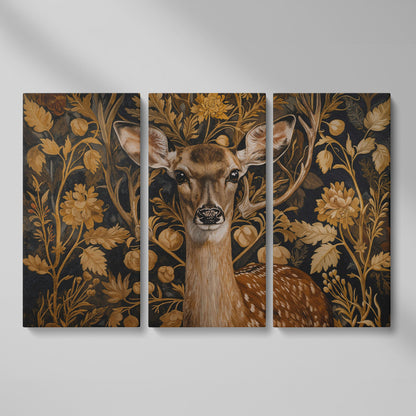 Deer with Vintage Botanicals Canvas Print as 3-panel split version