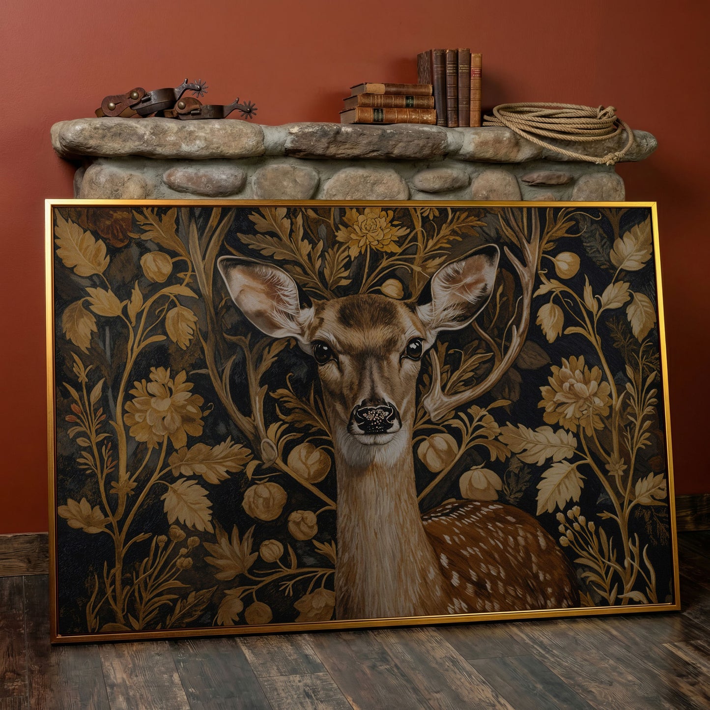 Deer with Vintage Botanicals Canvas Print in antique gold floating frame