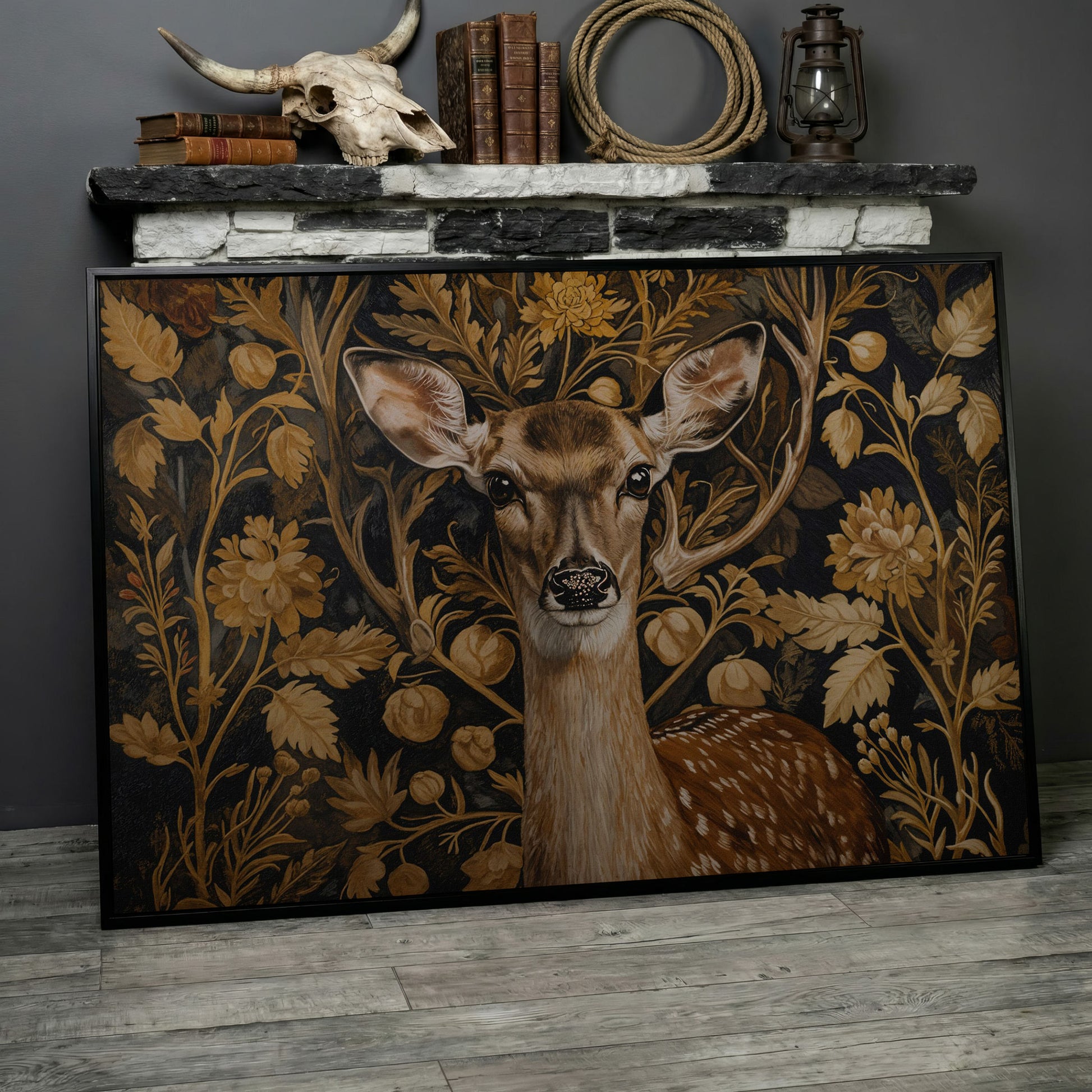 Deer with Vintage Botanicals Canvas Print in black floating frame