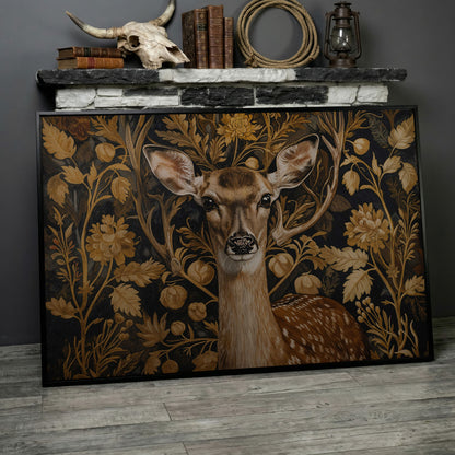 Deer with Vintage Botanicals Canvas Print in black floating frame