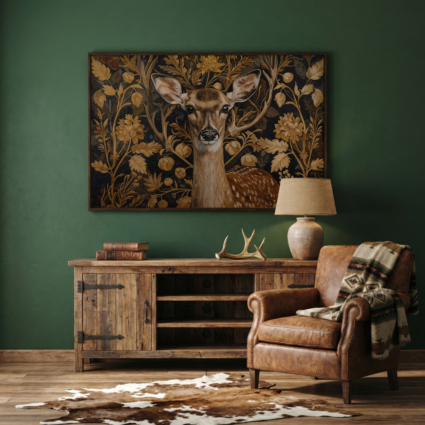 Deer with Vintage Botanicals Canvas Print in dark walnut floating frame