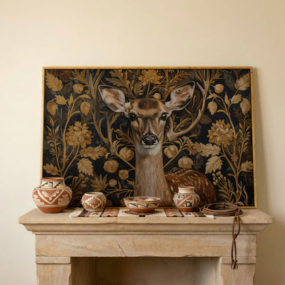 Deer with Vintage Botanicals Canvas Print in white oak floating frame