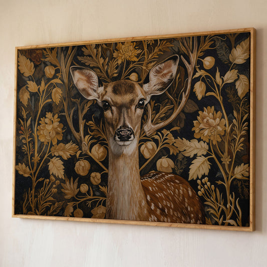 Deer with Vintage Botanicals Canvas Print shown in white oak floating frame