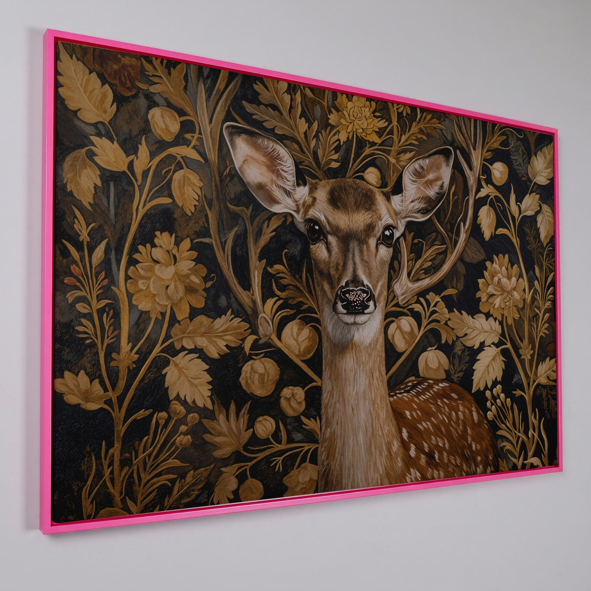 Deer with Vintage Botanicals Canvas Print in pink floating frame