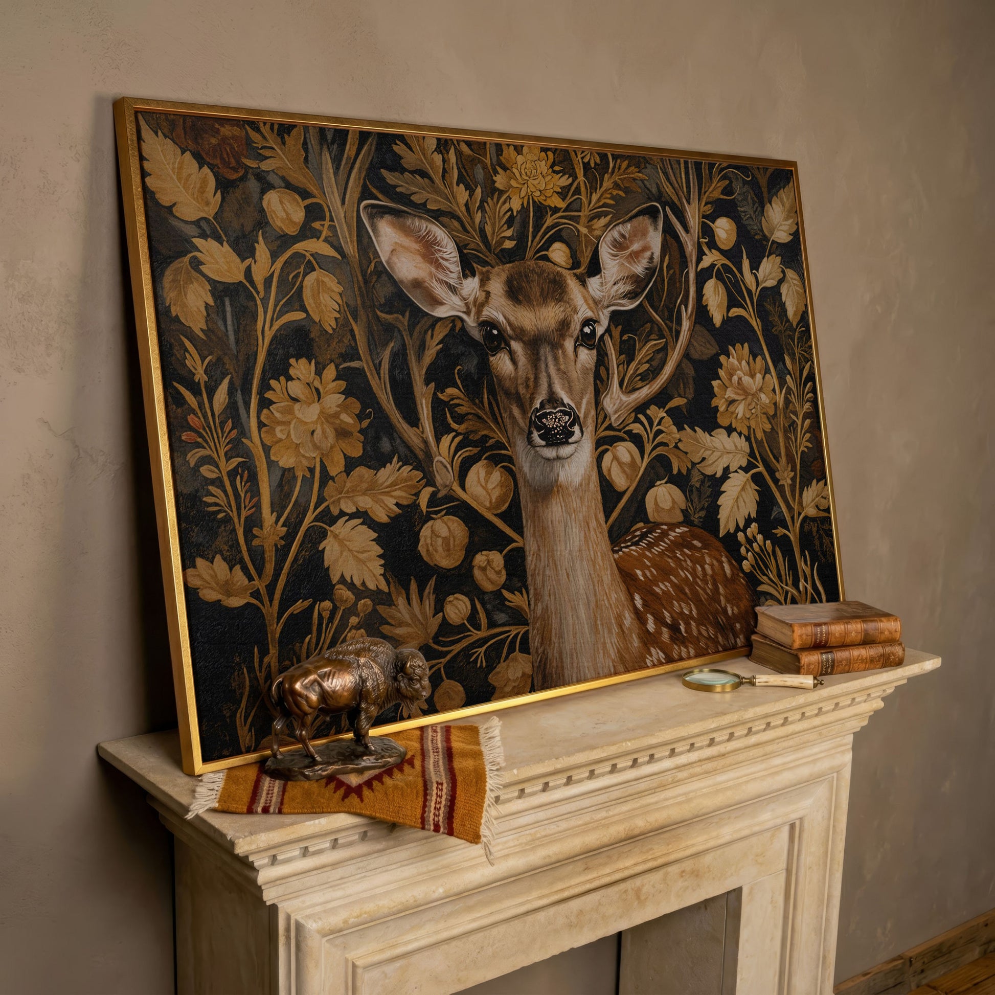 Deer with Vintage Botanicals Canvas Print in rose gold floating frame