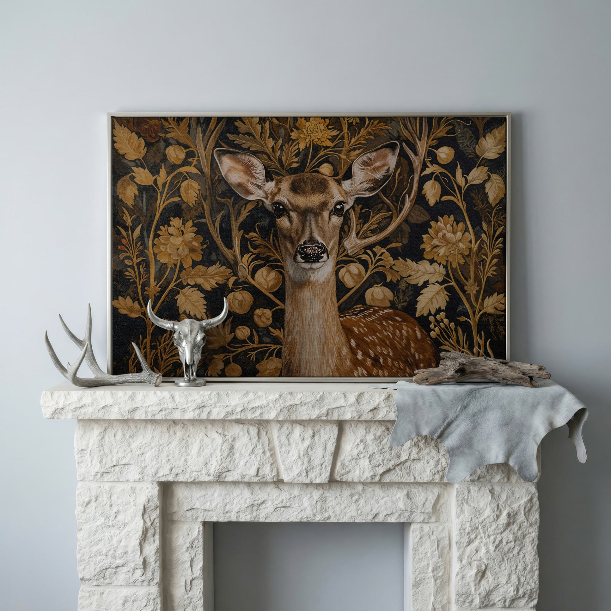 Deer with Vintage Botanicals Canvas Print in silver floating frame