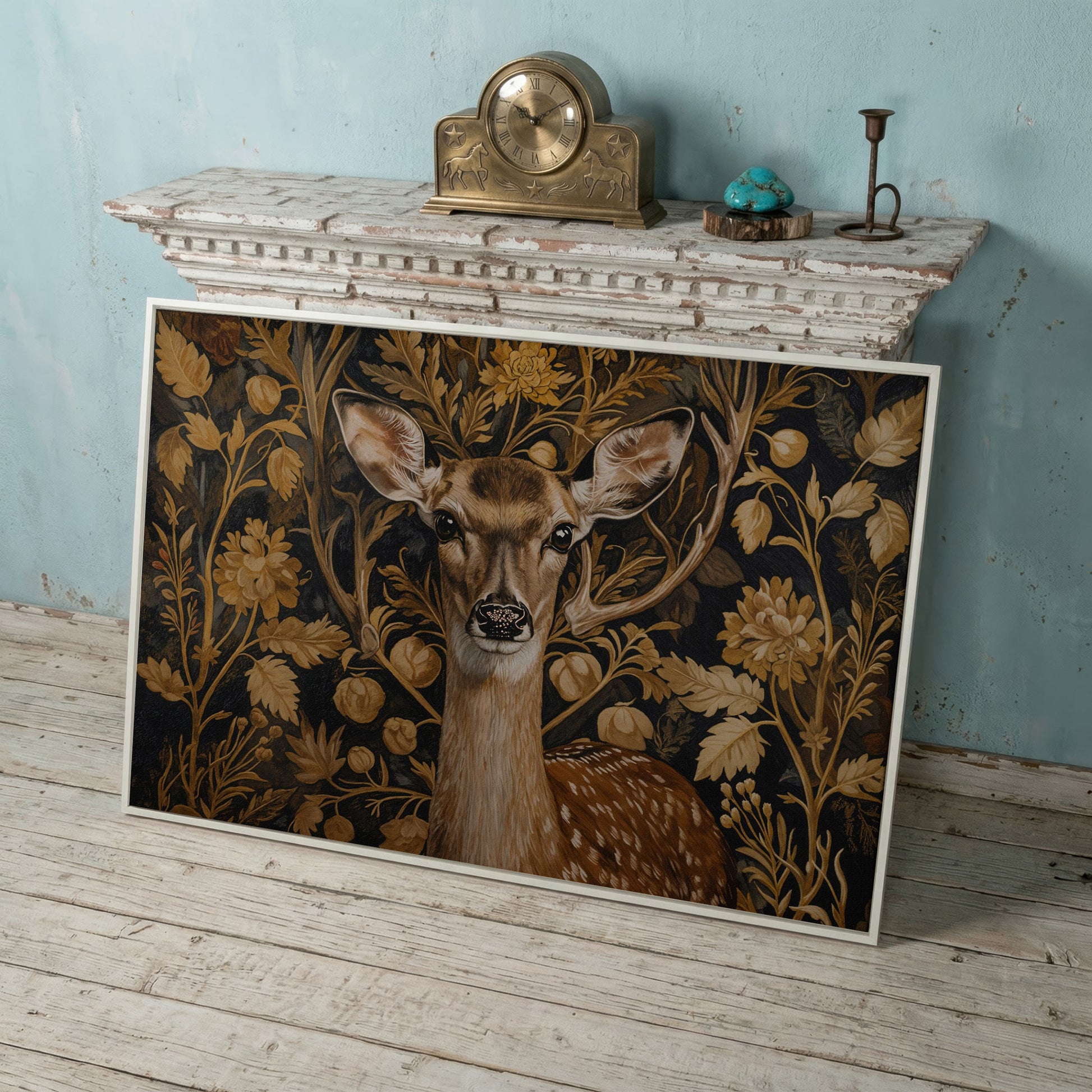 Deer with Vintage Botanicals Canvas Print in white floating frame