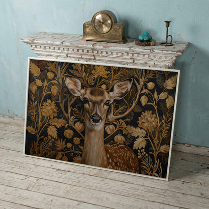 Deer with Vintage Botanicals Canvas Print in white floating frame