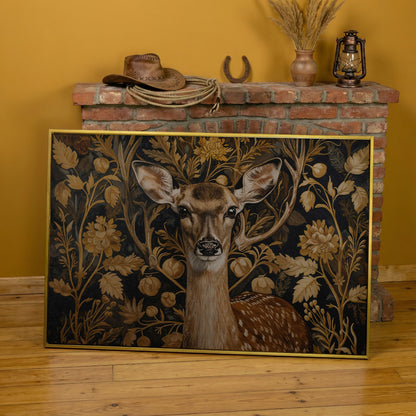 Deer with Vintage Botanicals Canvas Print in yellow gold floating frame
