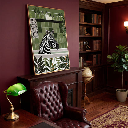 Zebra in Bathtub Canvas Print in antique gold floating frame
