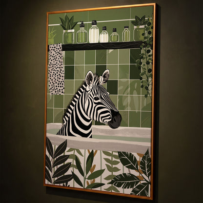 Zebra in Bathtub Canvas Print shown in antique gold floating frame