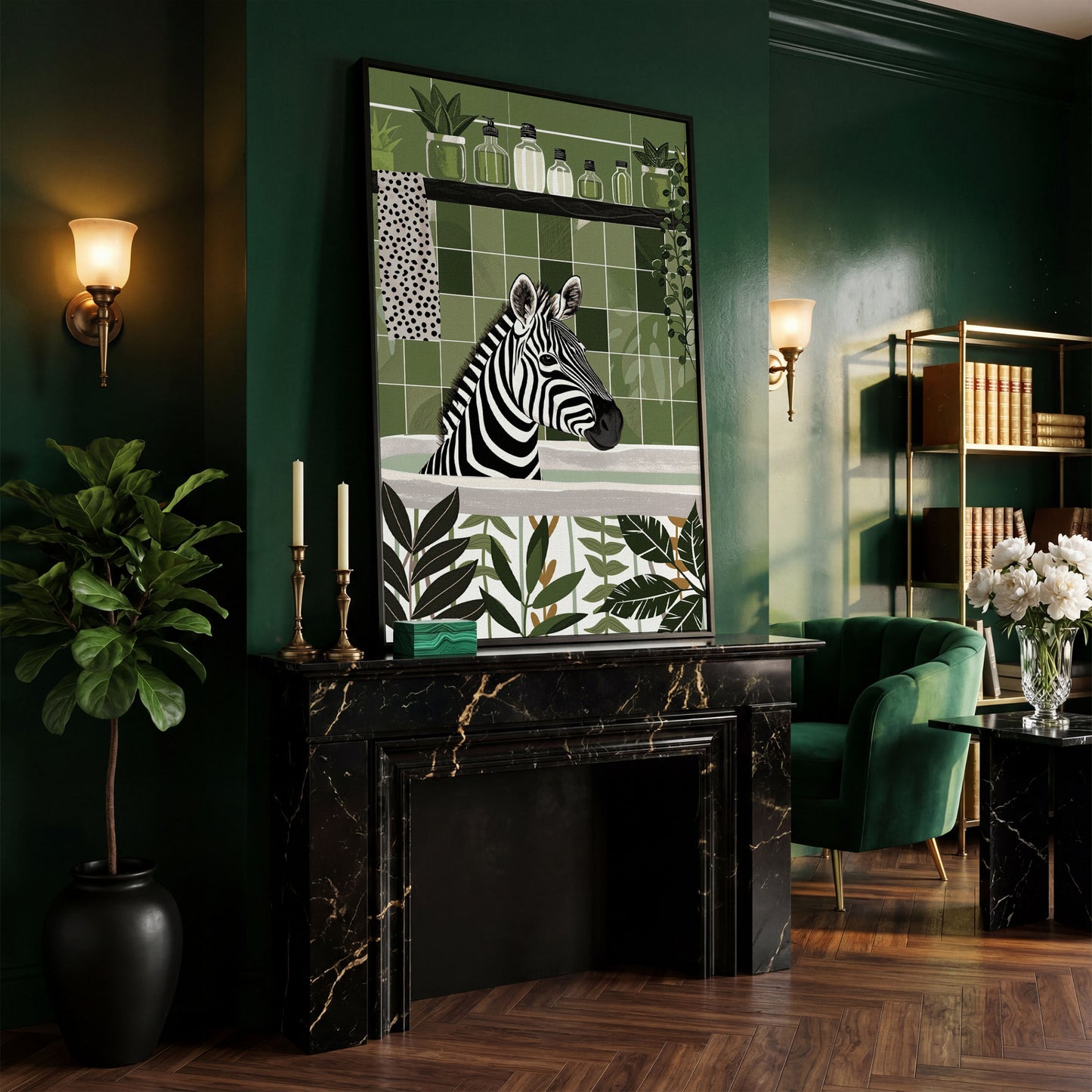 Zebra in Bathtub Canvas Print in black floating frame