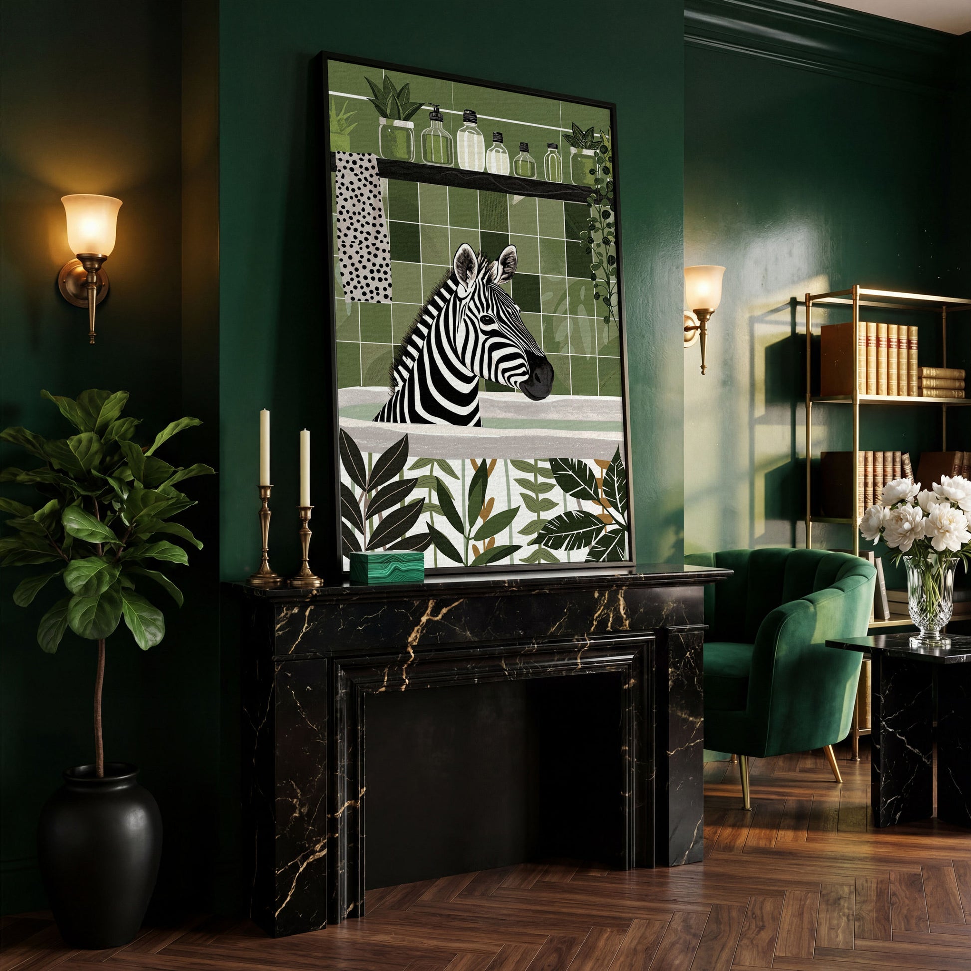 Zebra in Bathtub Canvas Print in black floating frame