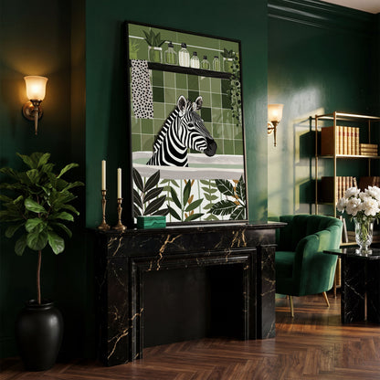 Zebra in Bathtub Canvas Print in black floating frame