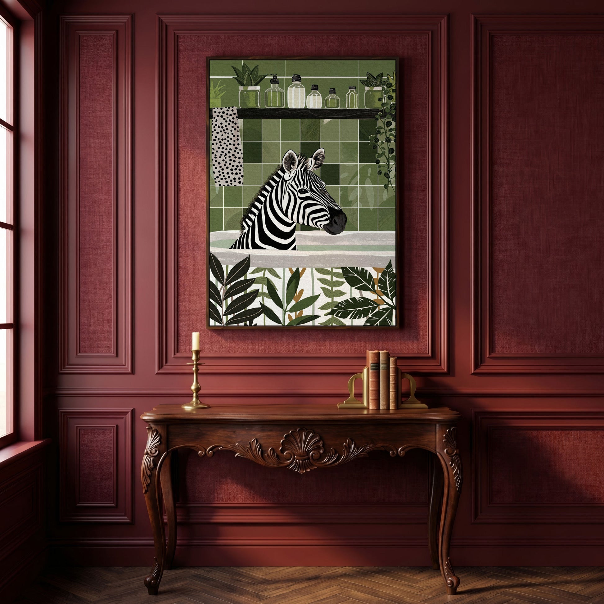 Zebra in Bathtub Canvas Print in dark walnut floating frame