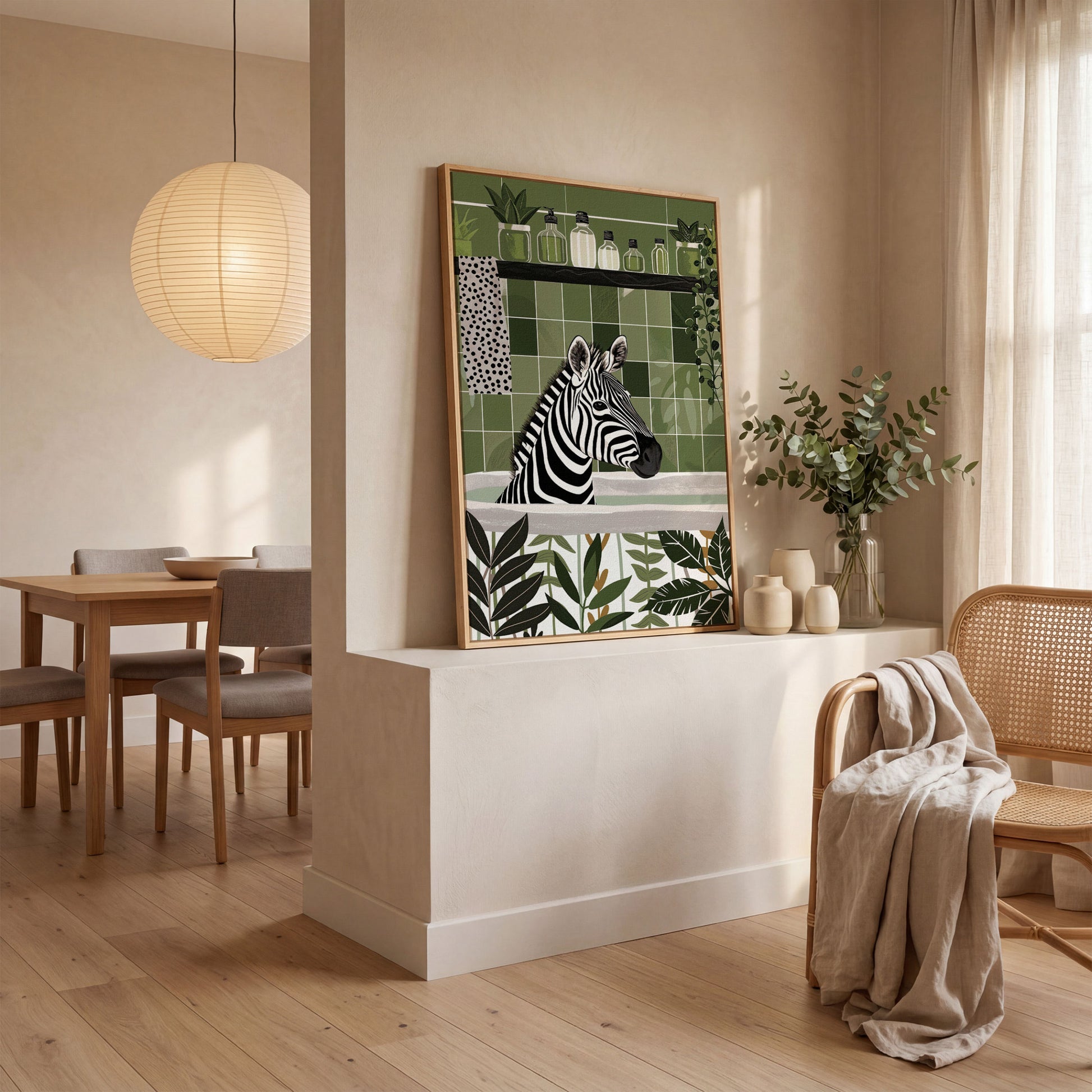Zebra in Bathtub Canvas Print in white oak floating frame