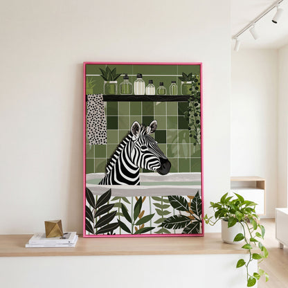 Zebra in Bathtub Canvas Print in pink floating frame