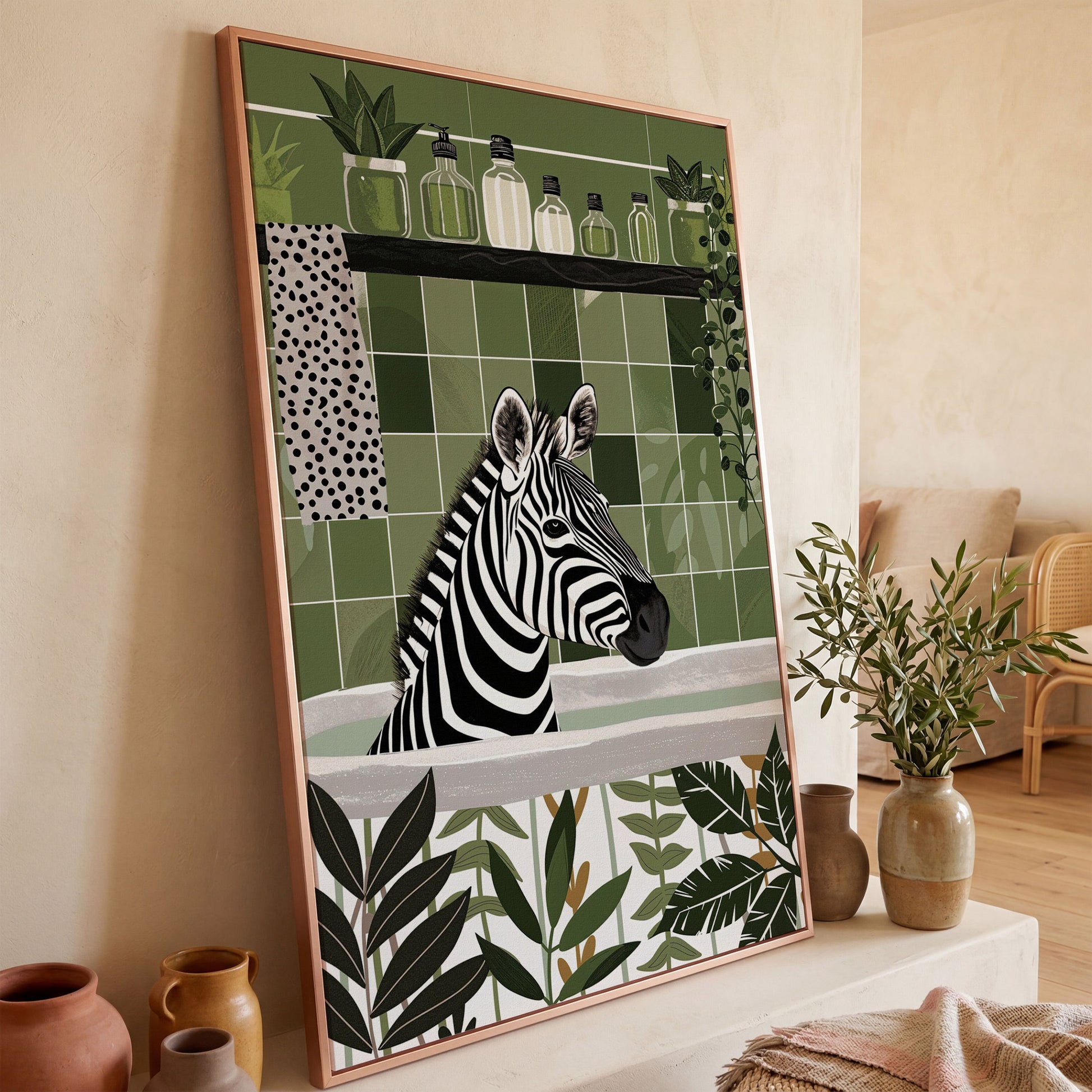 Zebra in Bathtub Canvas Print in rose gold floating frame