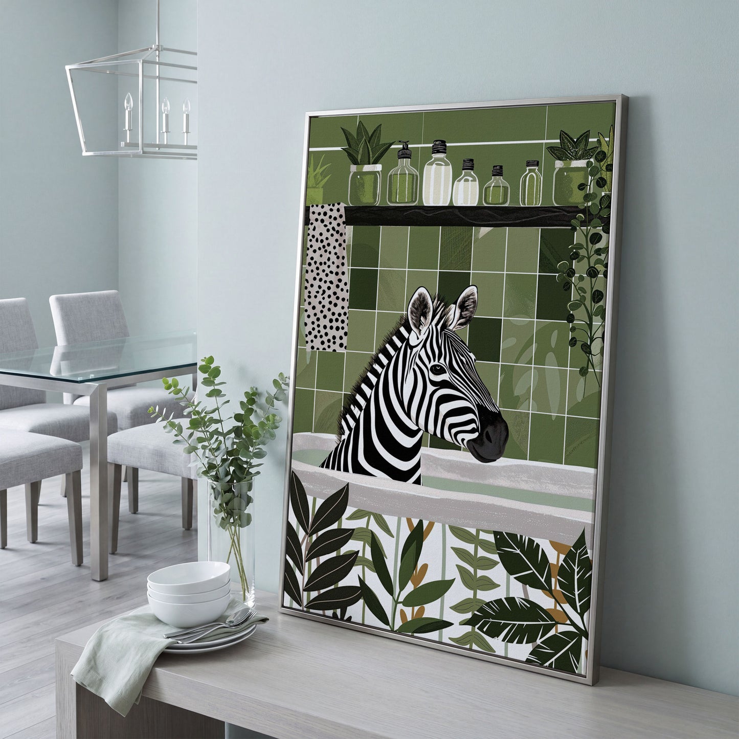 Zebra in Bathtub Canvas Print in silver floating frame