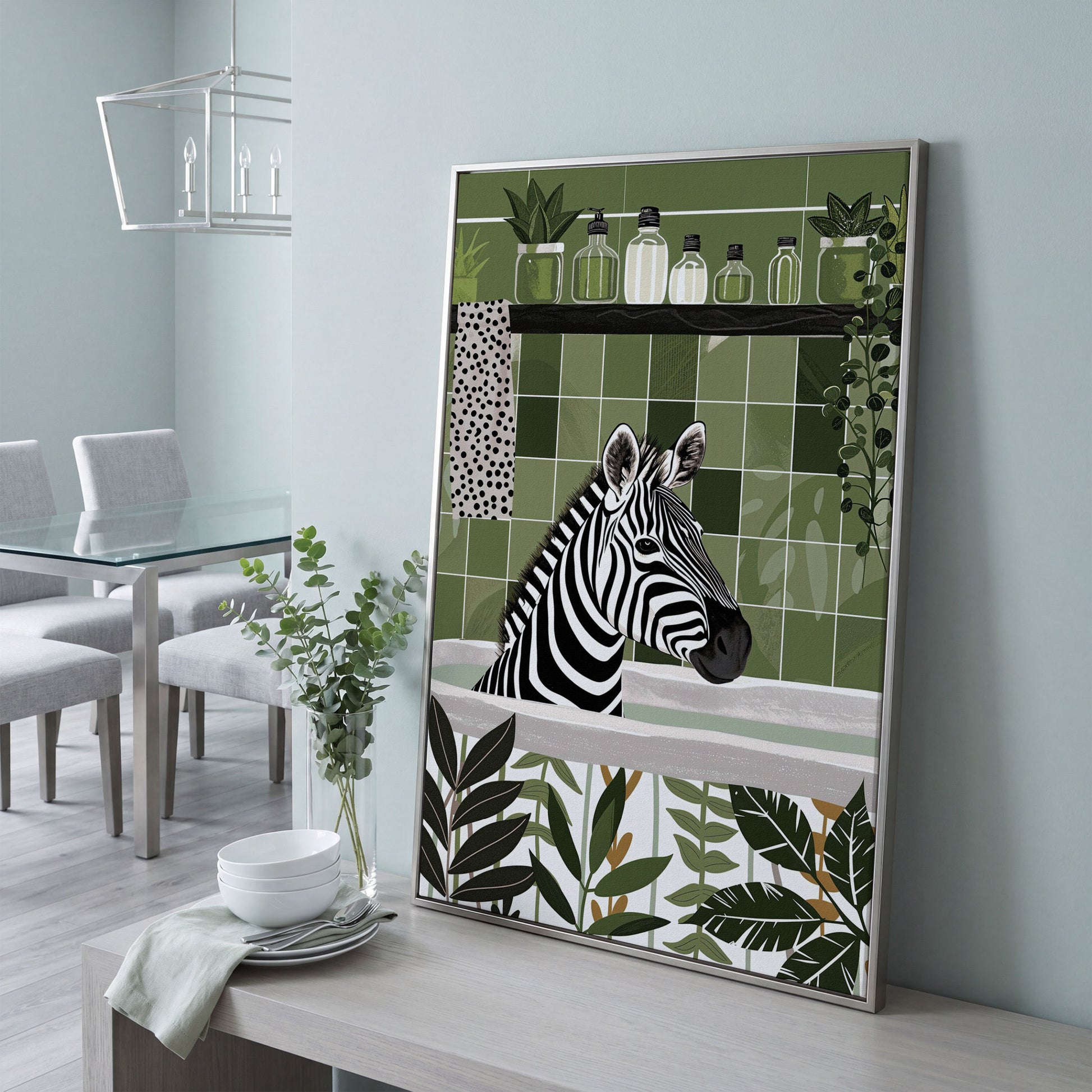 Zebra in Bathtub Canvas Print in silver floating frame