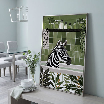 Zebra in Bathtub Canvas Print in silver floating frame