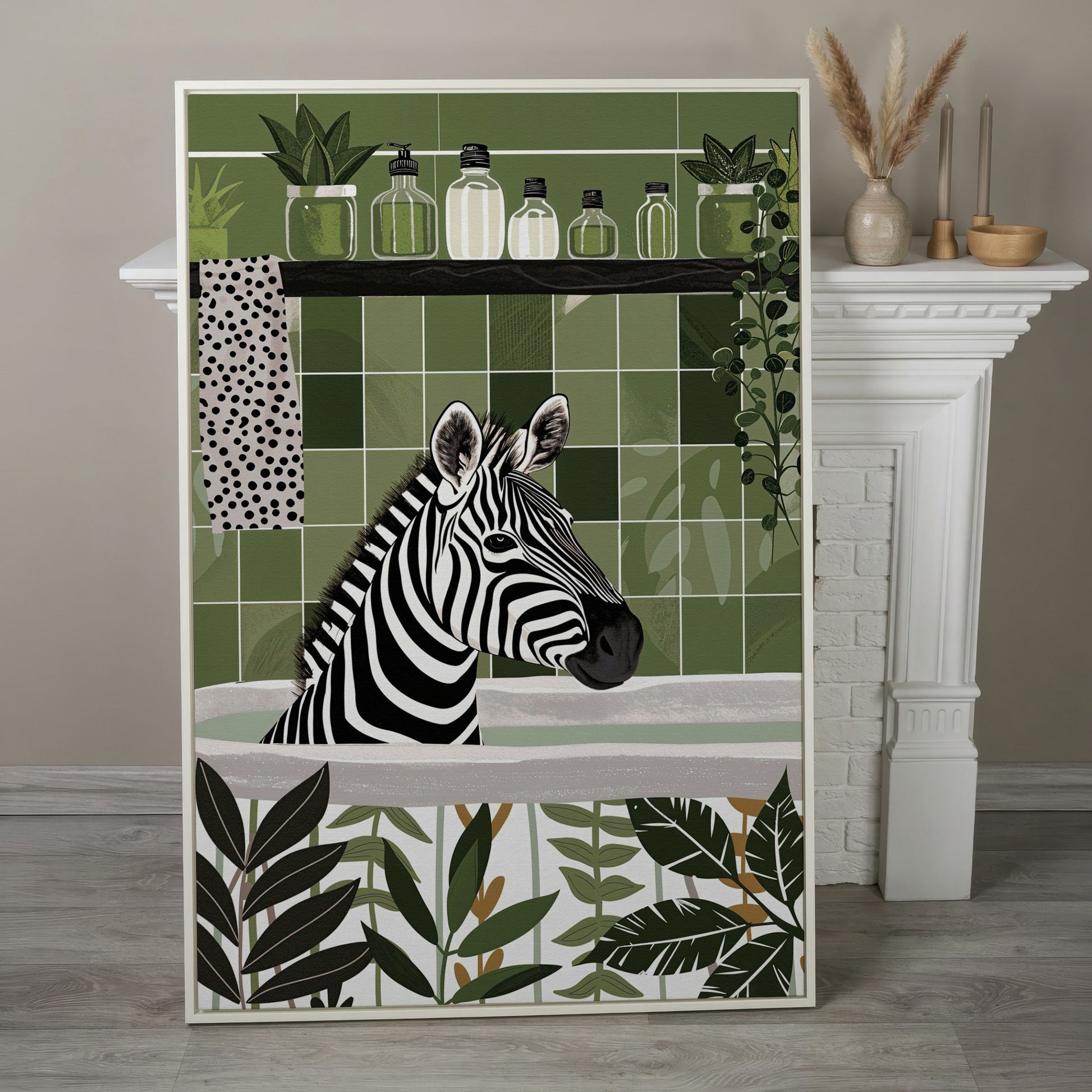 Zebra in Bathtub Canvas Print in white floating frame