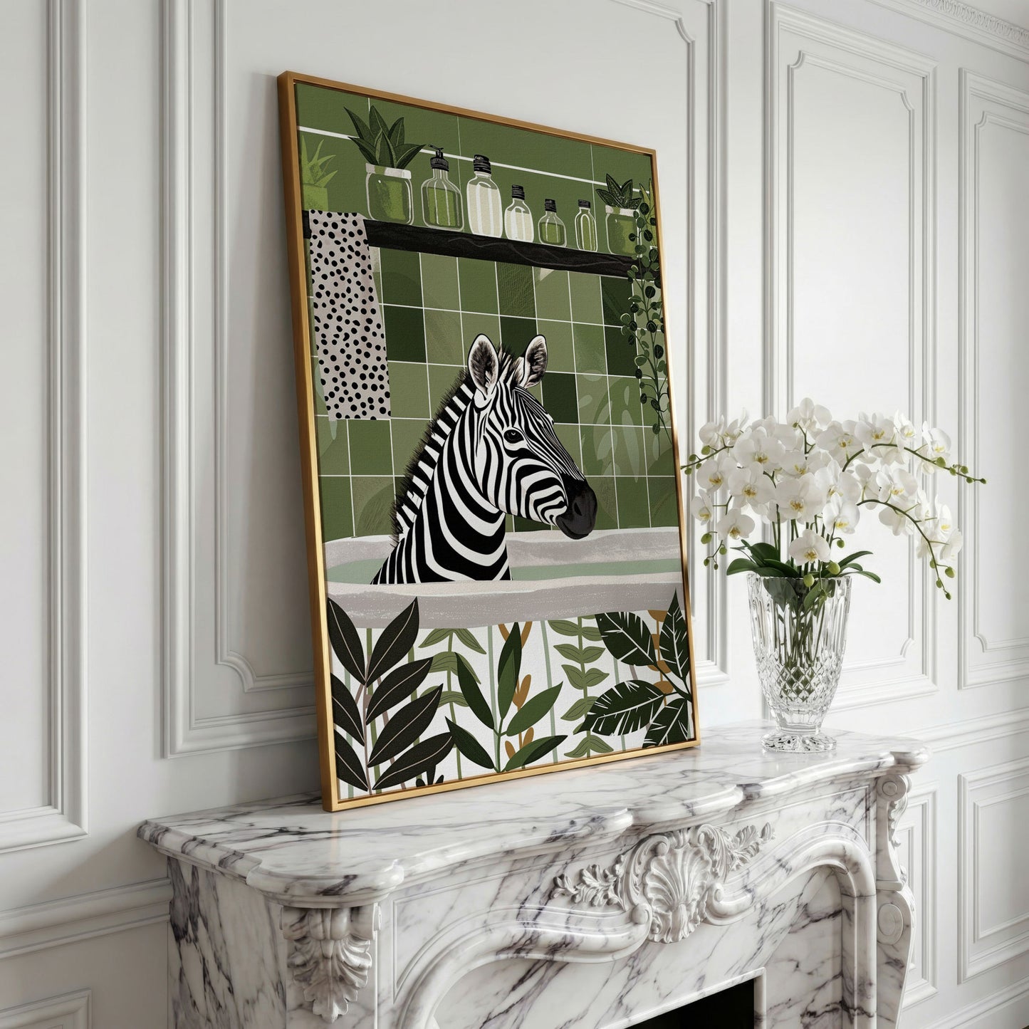 Zebra in Bathtub Canvas Print in yellow gold floating frame