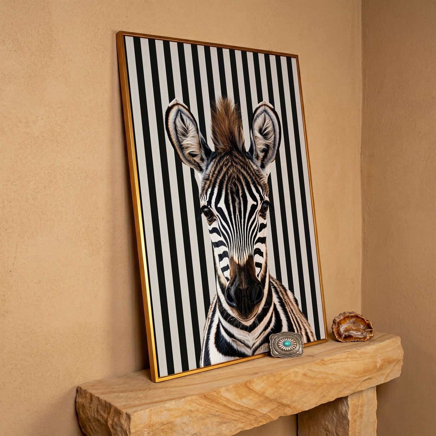 Zebra Portrait with Striped Background Canvas in antique gold floating frame