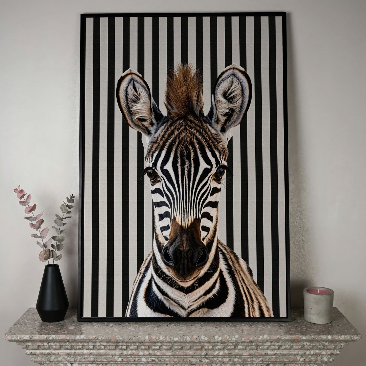 Zebra Portrait with Striped Background Canvas in black floating frame