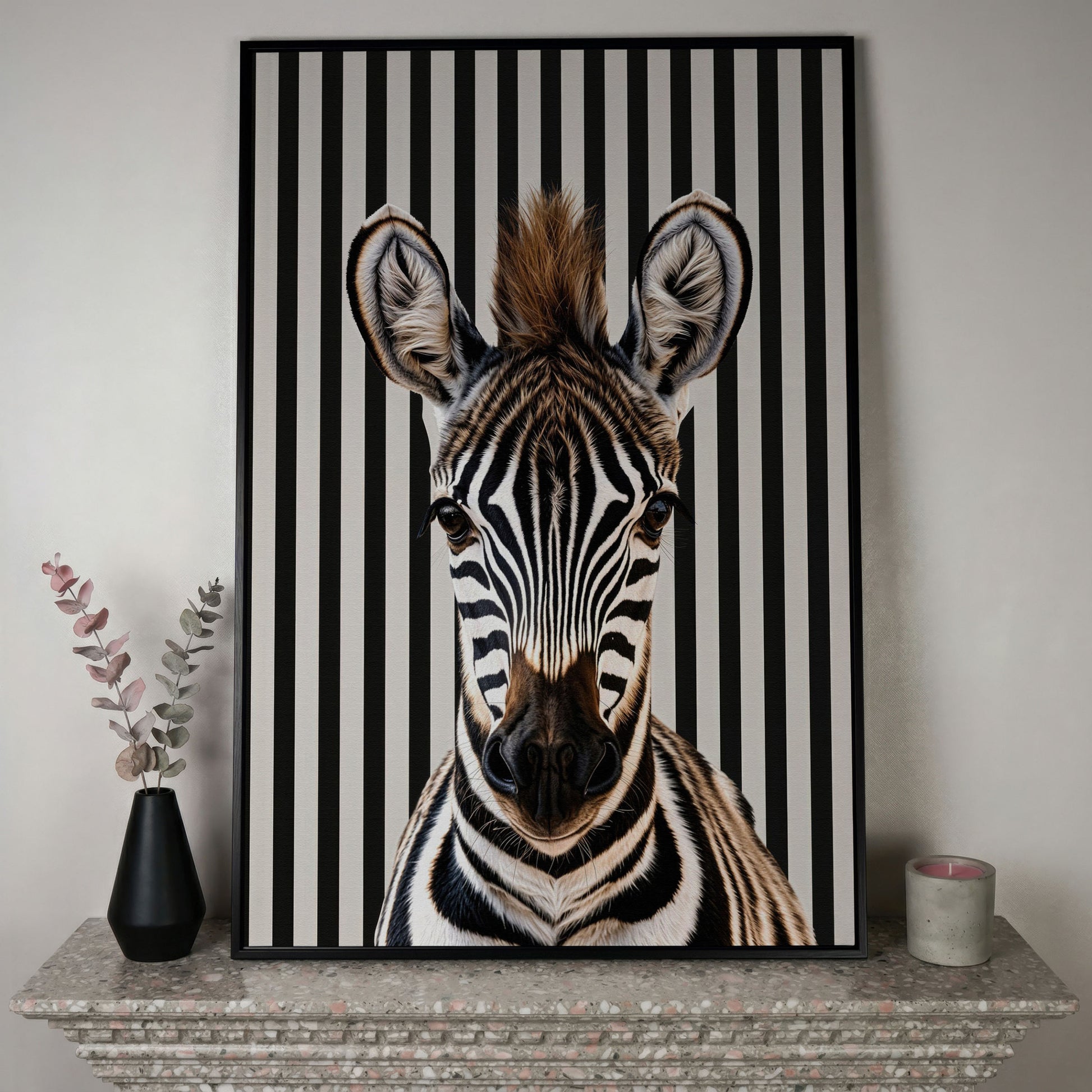 Zebra Portrait with Striped Background Canvas in black floating frame