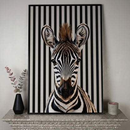 Zebra Portrait with Striped Background Canvas in black floating frame