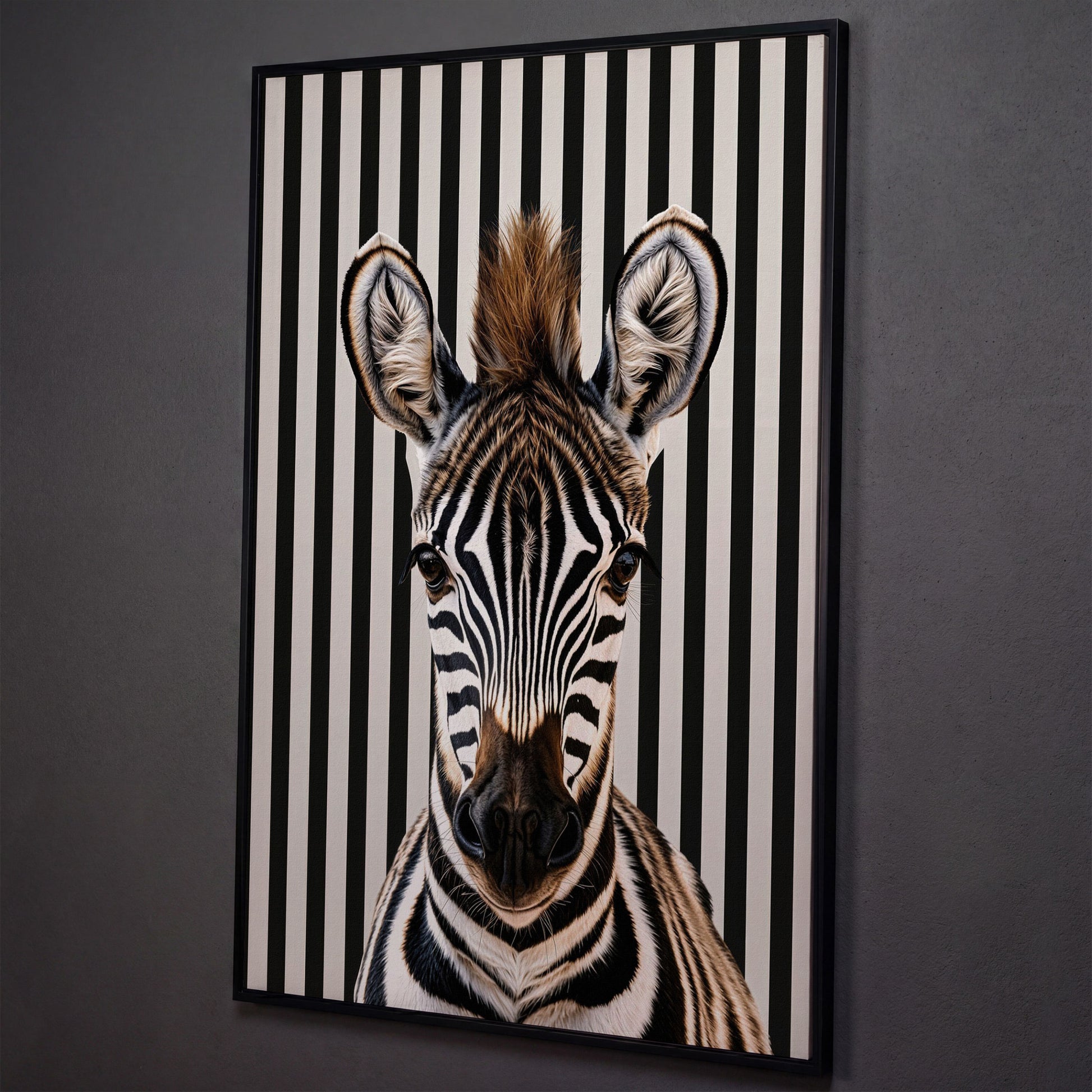 Zebra Portrait with Striped Background Canvas shown in black floating frame