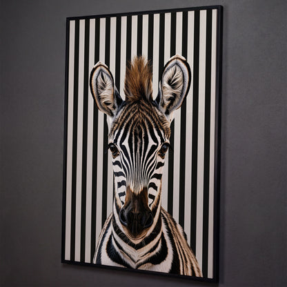 Zebra Portrait with Striped Background Canvas shown in black floating frame