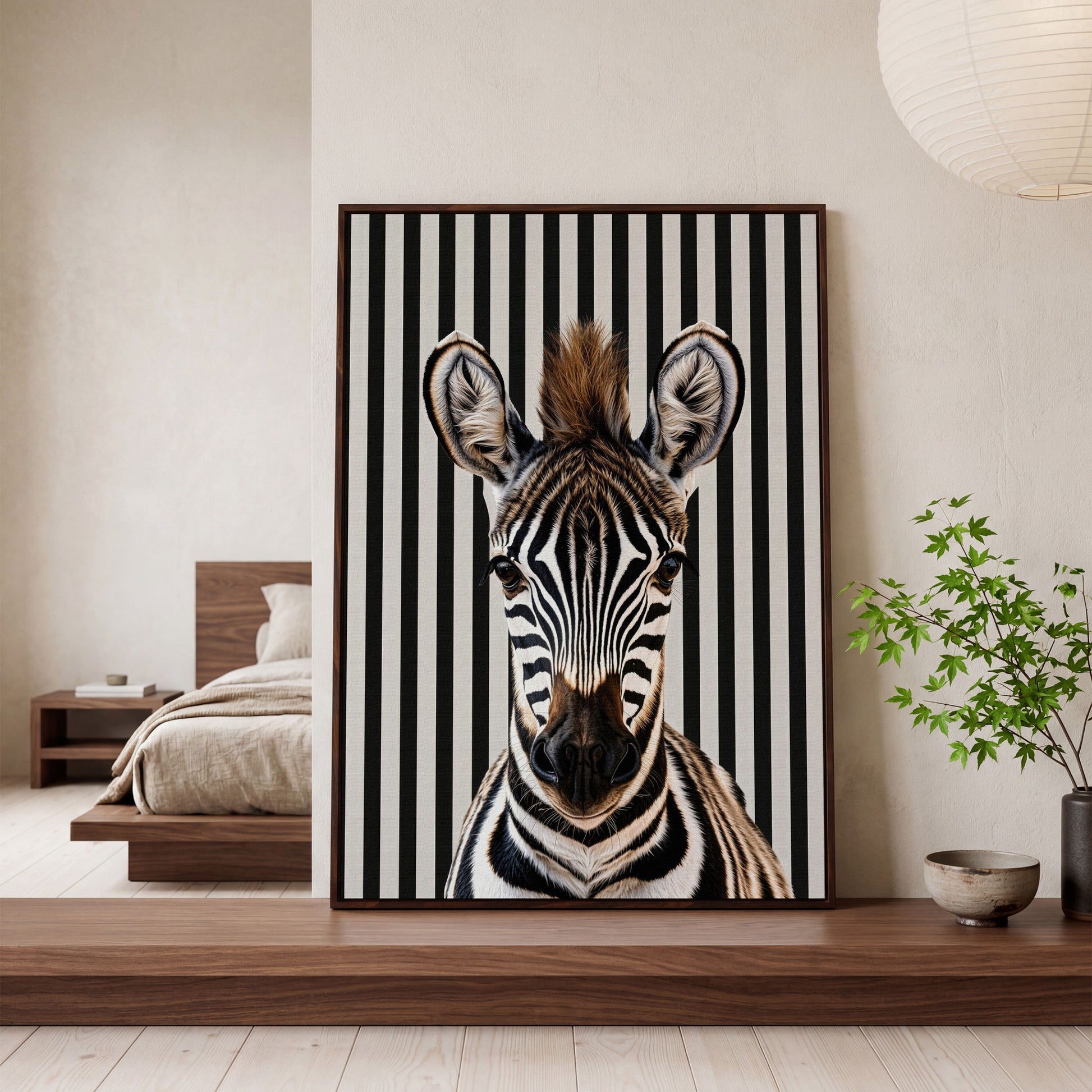 Zebra Portrait with Striped Background Canvas in dark walnut floating frame