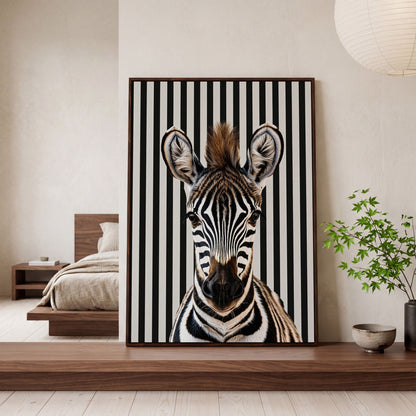 Zebra Portrait with Striped Background Canvas in dark walnut floating frame