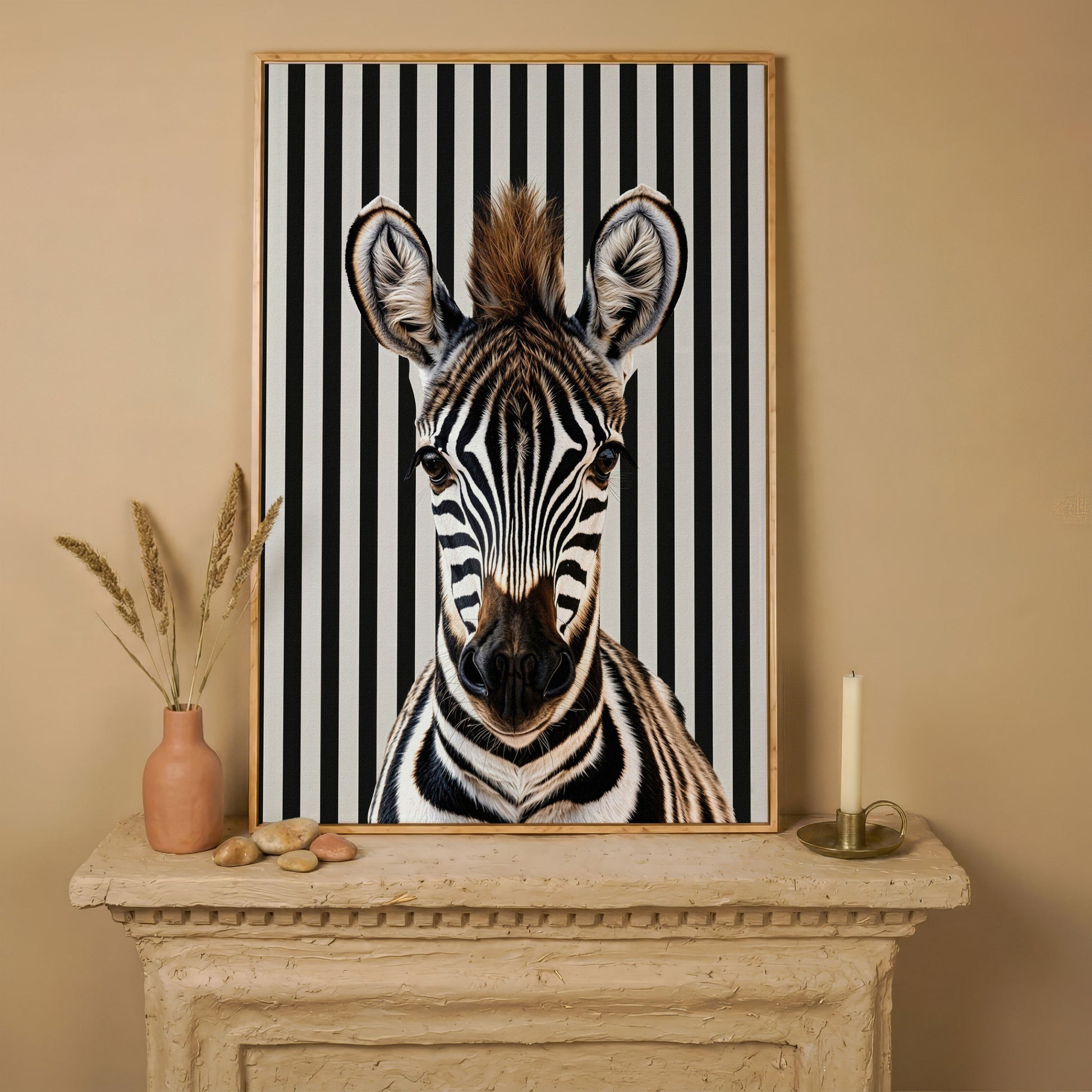 Zebra Portrait with Striped Background Canvas in white oak floating frame