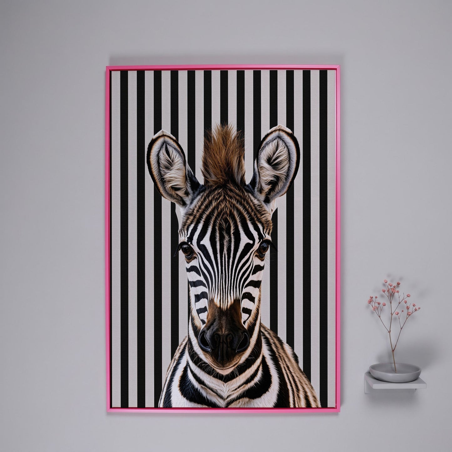 Zebra Portrait with Striped Background Canvas in pink floating frame